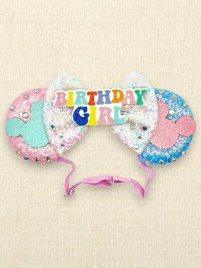 Elastic Pink & Blue Birthday Girl Minnie Ears | Disney-Inspired Mouse Ears